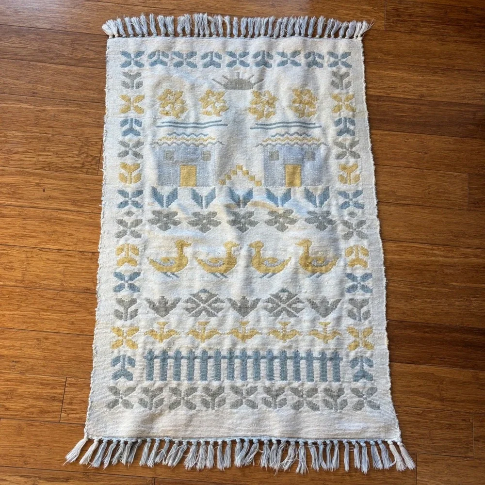Vintage Folk Art Handwoven Rug | Blue, Yellow, Ducks | 26x40 + Fringe